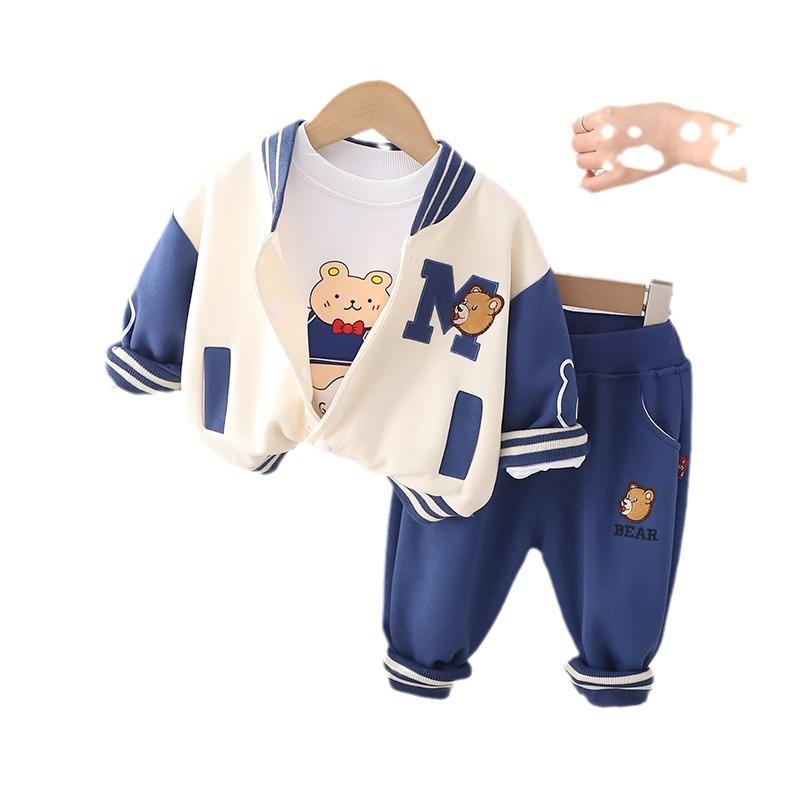 セットアップ ベビー キッズ服 男の子 女の子 3点セット 長袖野球ジャケット アウター トップス 長ズボン カジュアル 運動着 スウェット カヨウ小熊 かわいい コットン 柔らか 通園 普段使い 旅行 春 秋 冬 ブルー グレー コーヒー 80 120
