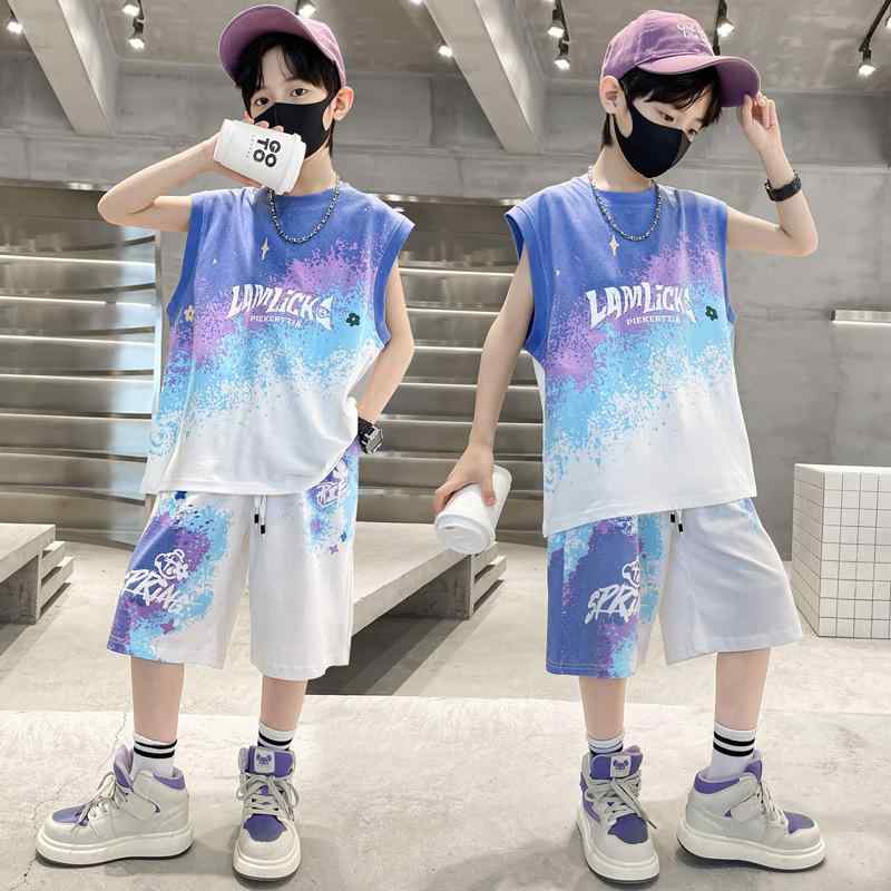 キッズ セットアップ 男の子 ジュニア スポーツウェア 夏物 2点セット 半袖 ノースリーブ ハーフパンツ 上下セット 運動着 子供服 140cm 150cm 160cm 紫 緑