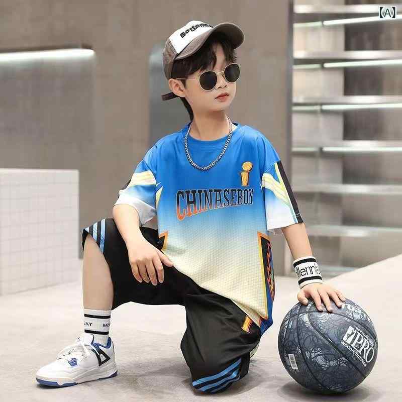 子供服 セットアップ 男の子 キッズ ジュニア スポーツウェア 半袖 Tシャツ ハーフパンツ 上下セット 運動着 バスケットボール ウェア 接触冷感 速乾 薄手 ポリエステル 動きやすい 通学 普段使い 部活 ブルー グリーン 夏