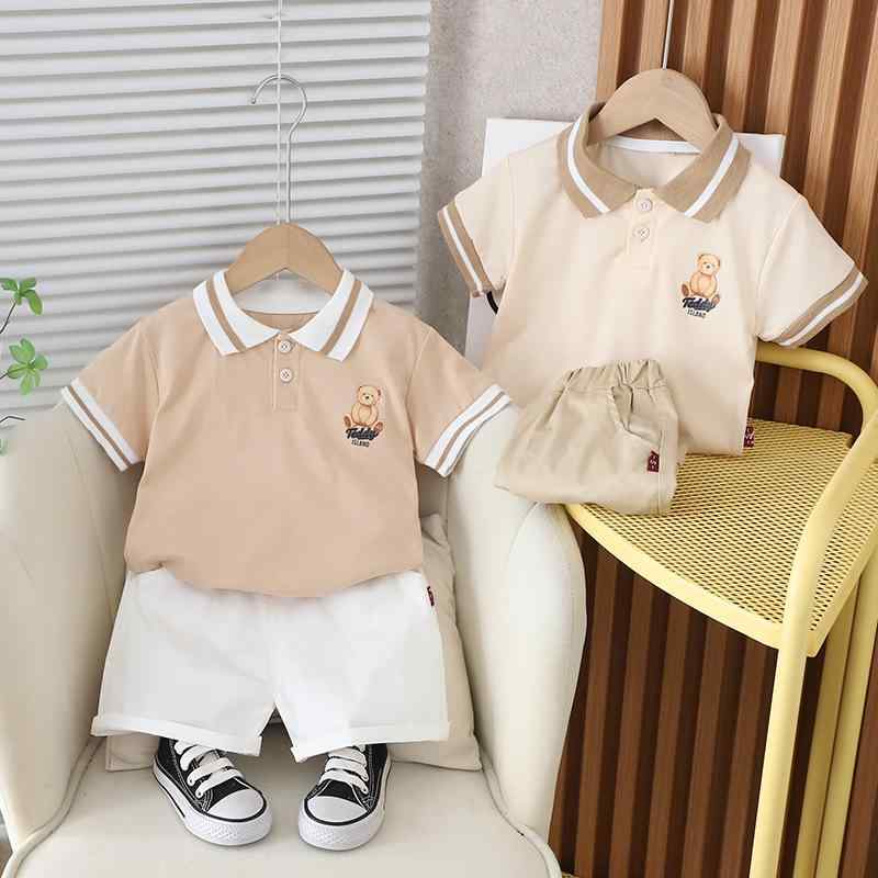 子供服 セットアップ 男の子 女の子 キッズ ベビー 上下セット 半袖 Tシャツ ハーフパンツ クマ ロゴ コットン カーキ ホワイト 夏 お出かけ 通園 旅行 幼稚園 保育園 普段着 カジュアル おしゃれ かわいい 80 90 100 110 120