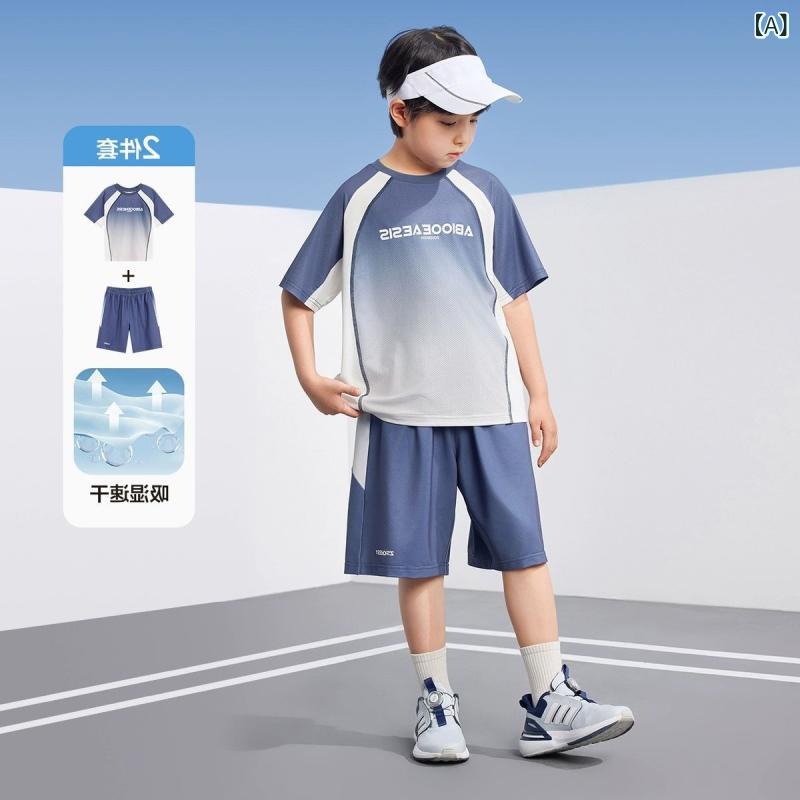 キッズ セットアップ 男の子 スポーツウェア 半袖 短袖 ショートパンツ 上下セット コーデュロイ 薄手 吸湿速乾 高弾力 切り替え プリント 青 ブルー 子供服 ジュニア 男児 幼児 通園 通学 運動会 お出かけ 夏