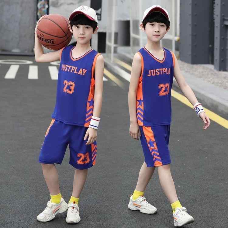 子供服 セットアップ 男の子 キッズ 運動着 バスケットボール ウェア 袖なし ノースリーブ 半袖なし ポリエステル 薄手 涼しい 夏 吸汗速乾 ハーフパンツ ショートパンツ 青 赤 白 ジュニア 小学生 120 130 140 150 160 170