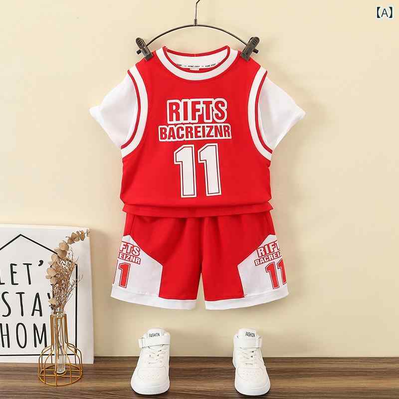 キッズ セットアップ 男の子 半袖 短袖 短パン Tシャツ 上下セット 2点セット 篮球服 バスケットボール ロゴ プリント スポーツ ウエア カジュアル 通学 お出かけ 夏 薄手 涼しい コットン 3歳 4歳 5歳 赤 青