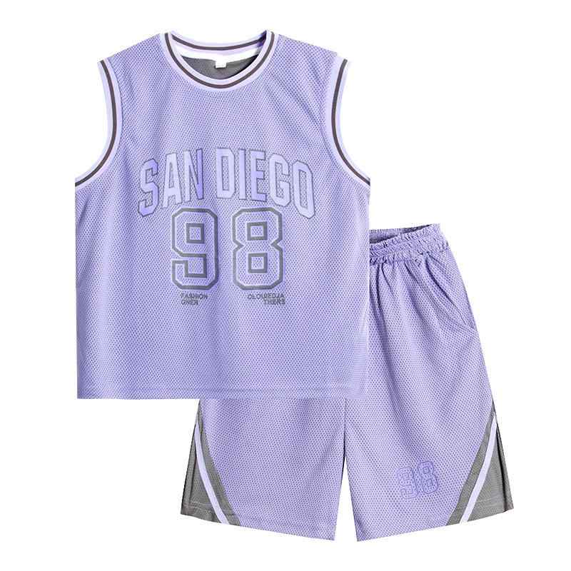 キッズ バスケットボール ウェア セットアップ 男の子 半袖なし ノースリーブ ハーフパンツ 上下セット スポーツ トレーニング 部活 運動 通学 夏 グリーン パープル グレー 120 130 140 150 160 170