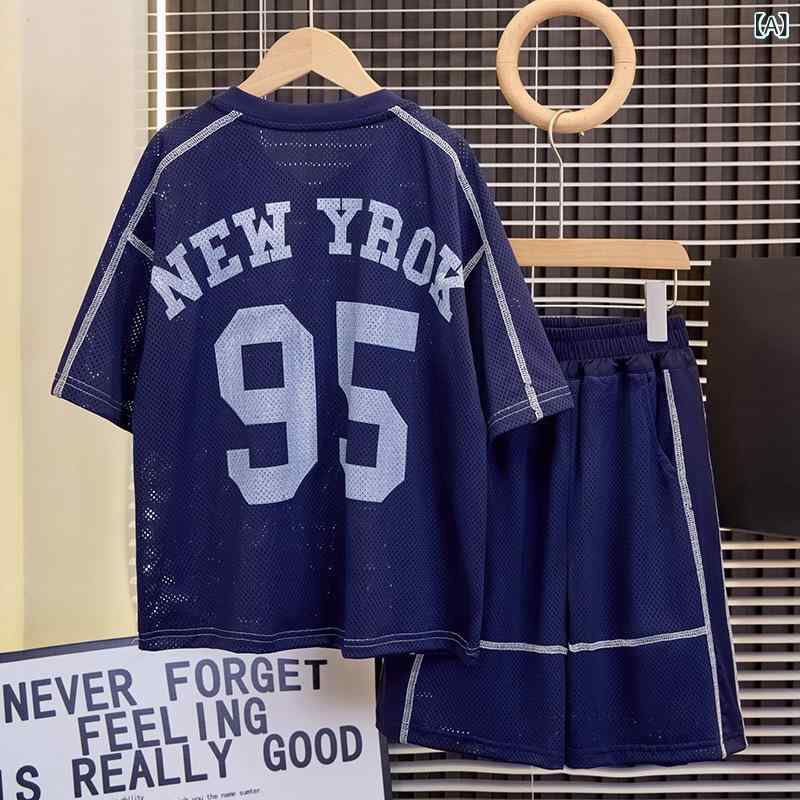 キッズ セットアップ 男の子 ジュニア スポーツウェア 上下セット 半袖 tシャツ ハーフパンツ 短パン 運動着 バスケットボールウェア 薄手 吸汗速乾 接触冷感 メッシュ 通気性 カジュアル ルームウェア 夏 蔵青 白