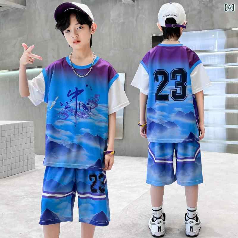 キッズ セットアップ 男の子 スポーツウェア 半袖 ハーフパンツ 上下セット ジュニア 運動着 夏 子供服 140 150 160 吸汗速乾 接触冷感 メッシュ 通気性 薄手 動きやすい 幼稚園 小学生 通学 部活 運動会 クラブ クラブ活動 紫 白
