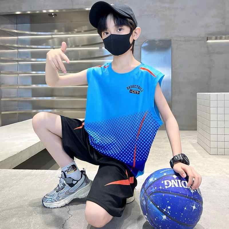 キッズ セットアップ 男の子 スポーツ 運動 ランニング スリーブレス ノースリーブ ハーフパンツ 上下セット 運動着 子供服 子ども ジュニア 小学生 中学生 吸汗速乾 メッシュ 柔らかい かっこいい 夏 涼しい お出かけ 通学 普段着 ブルー 青 1
