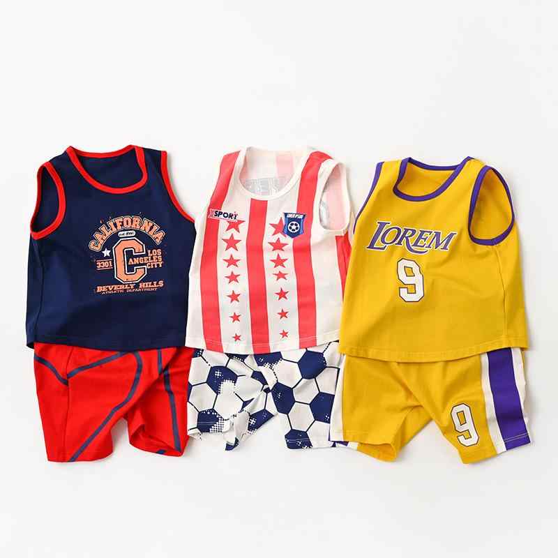 キッズ スポーツウェア セットアップ 上下セット 男の子 女の子 タンクトップ ノースリーブ ハーフパンツ 短パン 綿 薄手 運動 運動会 部活 バスケットボール サッカー 通園 通学 普段着 夏 深ネイビー イエロー レッド
