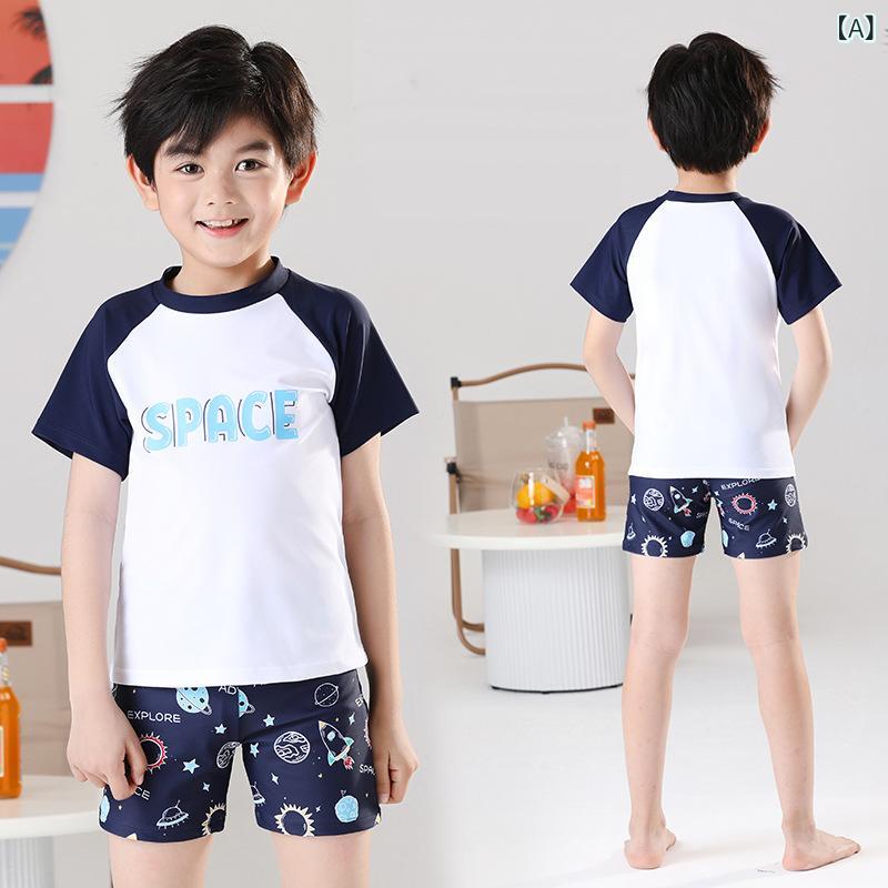 ・カテゴリ: 三角水着・対象年齢: 4-6歳、6-8歳、8-10歳、10-12歳、12-14歳・対象性別: 男児・柄: カートン、マリン、和風、小清新・素材: ナイロン82%、スパンデックス18%・裏地素材: ポリエステル100%・重量: 約200g・対応シーン: 水泳、水遊び・カラー展開: ホワイト（半袖）、ホワイト（長袖）・サイズ展開: L、XL、2XL、3XL、4XL、5XL・対象者: 子供、男児
