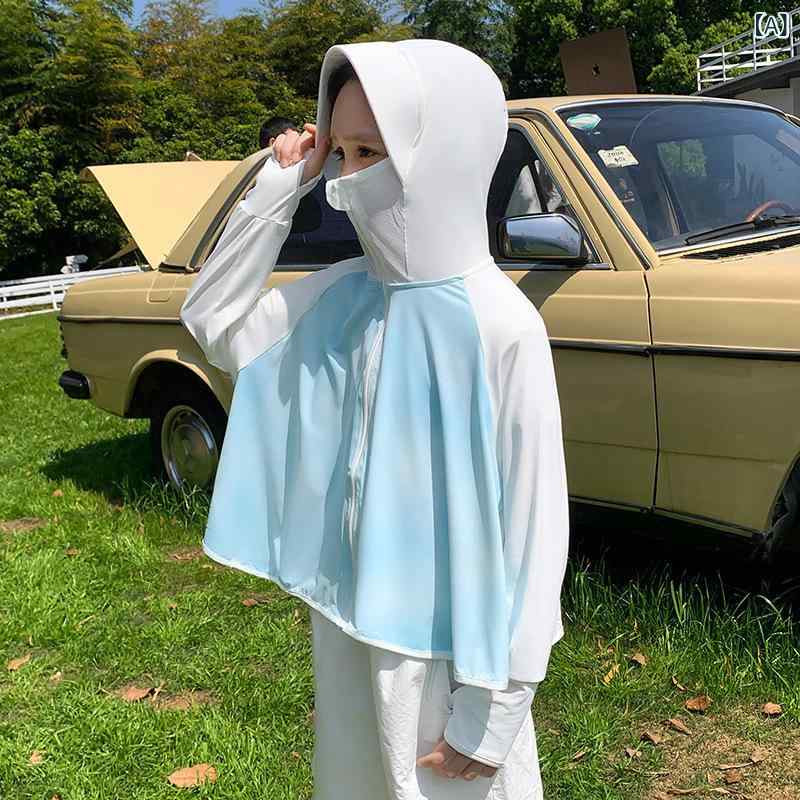・性別: 男女共用・対象年齢: 3〜12歳（身長90〜160cm）・主な素材: ポリエステル95%・裏地素材: スパンデックス・重量: 約180g・カラー展開: 天空ブルー、グレー、ピンク、モカ、ホワイト、グリーン、レイクグリーン、ブルーマルチカラー・サイズ展開: S（適合身長90-115cm）、M（適合身長116-130cm）、L（適合身長131-160cm）・フード: フード付き（取り外し不可）・機能: 紫外線カット