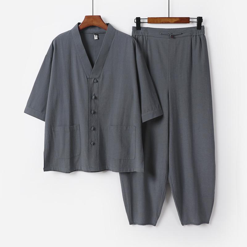 セットアップ 上下セット メンズ 男性用 紳士物 チャイナ服 カジュアルスーツ シャツ 七分袖 ロングパンツ 長ズボン 綿麻 亜麻 リネン 盤扣 ボタン 接触冷感 ゆったり ビッグサイズ 大きいサイズ 春 夏 秋 部屋着 普段着 日常 白 黒 灰