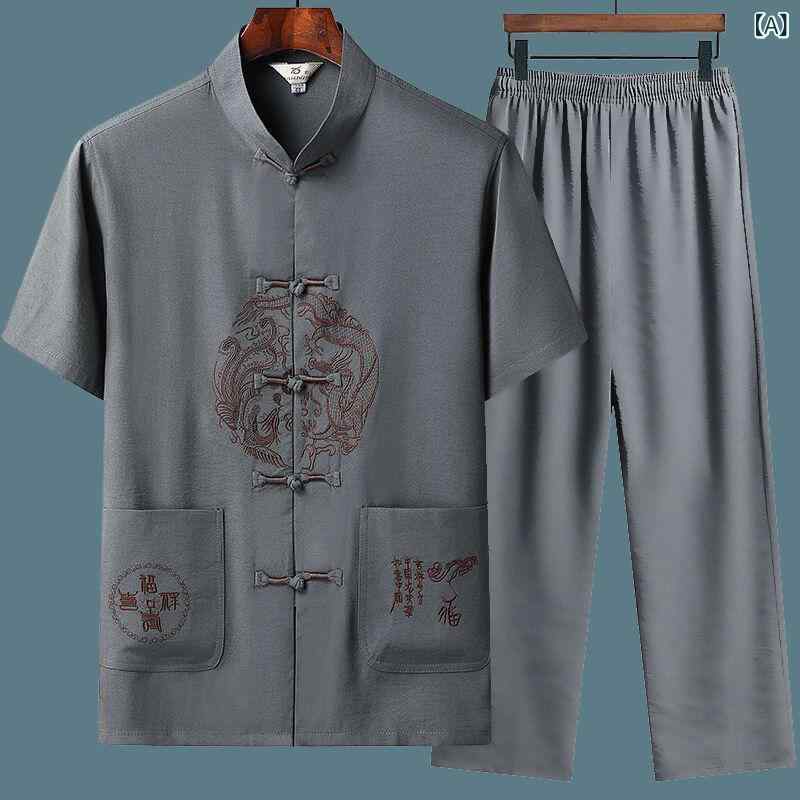 チャイナ服 メンズ シニア おじいちゃん 接触冷感 セットアップ 上下セット 半袖 龍 鳳凰 刺繍 快適 涼しい 部屋着 普段使い お出かけ 旅行 敬老の日 プレゼント 父の日 グレー カーキ ネイビー 夏