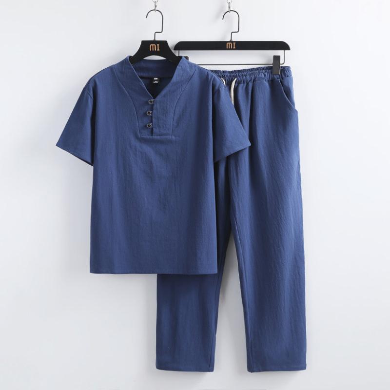 セットアップ 上下セット メンズ 40代 夏 綿麻 接触冷感 Tシャツ 九分丈パンツ ルームウェア 部屋着 普段使い カジュアル チャイナ風 涼しい 薄手 ゆったり 大きいサイズ 白 杏 黒 サルエル 甚平 作務衣