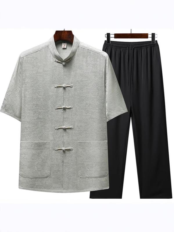 唐装 セットアップ メンズ シニア 紳士 半袖 上下セット チャイナ服 ルームウェア 部屋着 涼しい 接触冷感 薄手 ポリエステル ポケット 夏 50代 灰 青 紺 祖父 父親 プレゼント 贈り物 ギフト 大きいサイズ