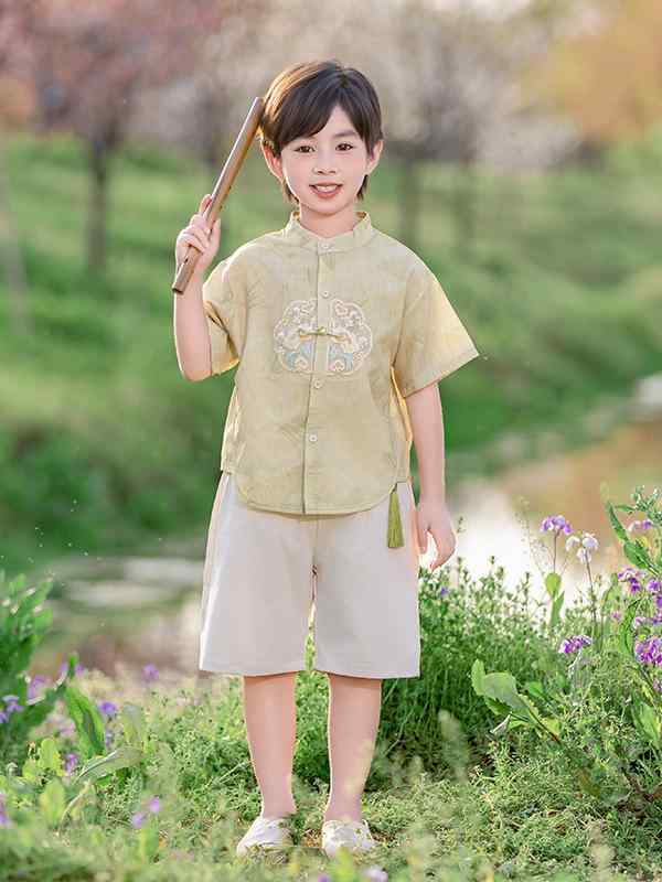 唐装 男の子 女の子 キッズ セットアップ 半袖 長袖 黄色 綿混 夏 涼しい 上下セット チャイナ風 漢服 子供服 ベビー 礼服 和服 着物 セレモニー お出かけ 発表会 写真撮影 90cm 100cm