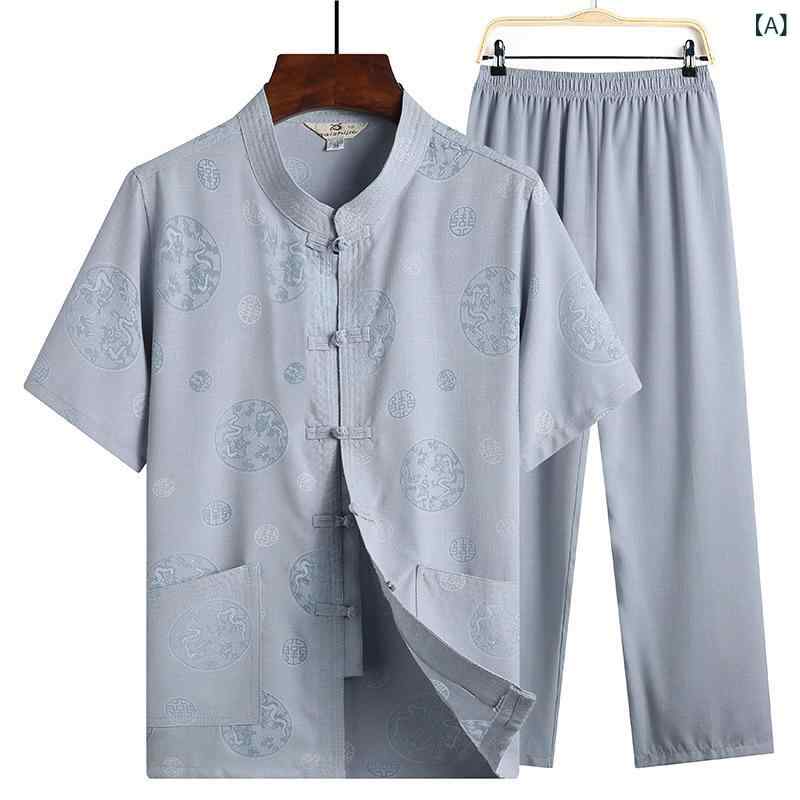 チャイナ服 メンズ シニア おじいちゃん 半袖 セットアップ カジュアル スーツ 上下セット 綿麻風 涼しい トップス ズボン チャイナ風 50代 父親 夏用 普段使い 旅行 ギフト 敬老の日 グレー ベージュ ホワイト