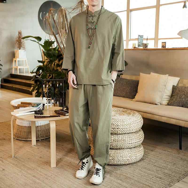 セットアップ メンズ 夏 7分袖 Tシャツ ロングパンツ 上下セット 漢服 チャイナ服 ...