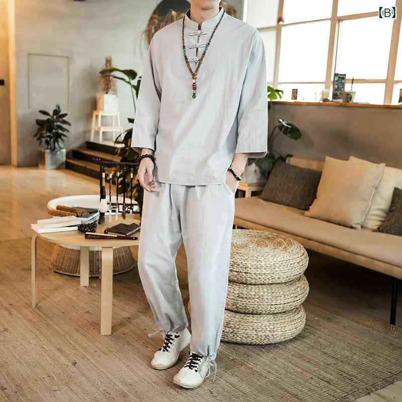 セットアップ メンズ 夏 7分袖 Tシャツ ロングパンツ 上下セット 漢服 チャイナ服 ...