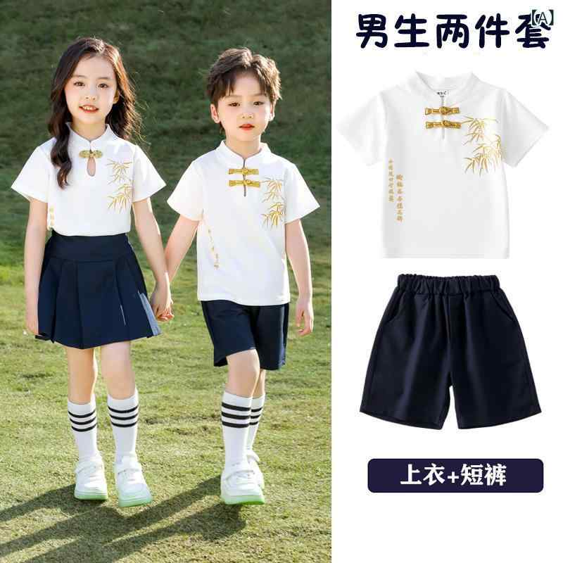 校服 セットアップ 男の子 女の子 半袖 ショートパンツ スカート チャイナドレス風 卒園式 入学式 発表会 運動会 キッズ 100cm 110cm 120cm 130cm 140cm 150cm 白 緑 夏 綿