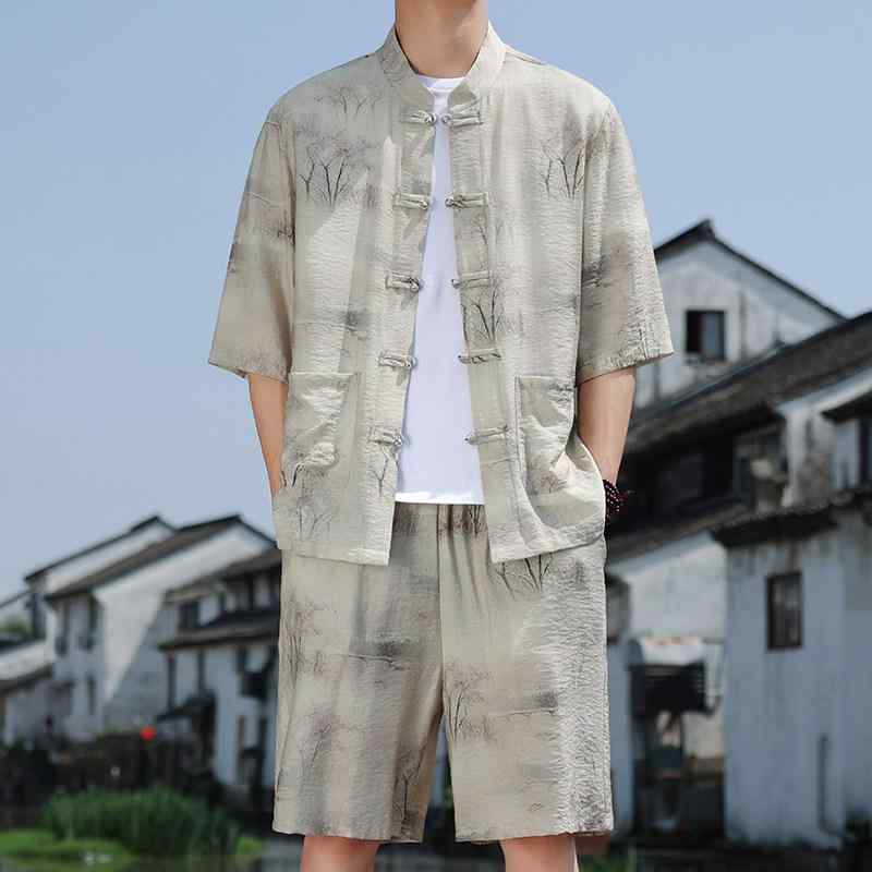 セットアップ メンズ 接触冷感 チャイナ服 カジュアルスーツ 半袖シャツ ハーフパンツ 上下セット 唐装 中国風 漢服 サマー 部屋着 ルームウェア 薄手 ゆったり 快適 涼しい 夏 おしゃれ 和風 レトロ 30代