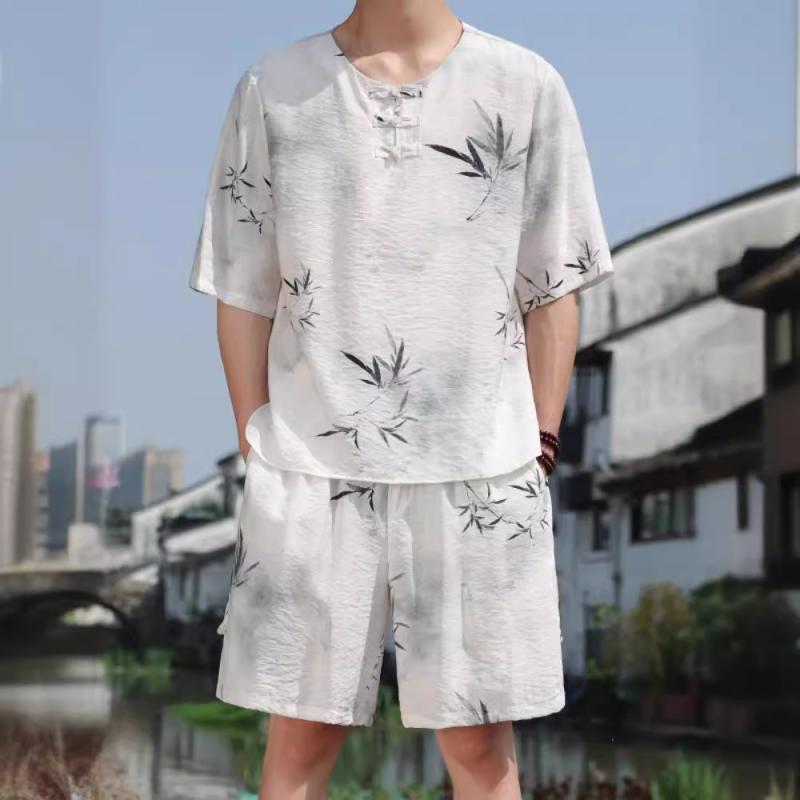 セットアップ メンズ 半袖 Tシャツ ハーフパンツ 上下セット 新中華風 レトロ プリント トップス チャイナ服 カジュアル 接触冷感 ゆったり 快適 涼しい 夏 カーキ ホワイト アジアン エスニック