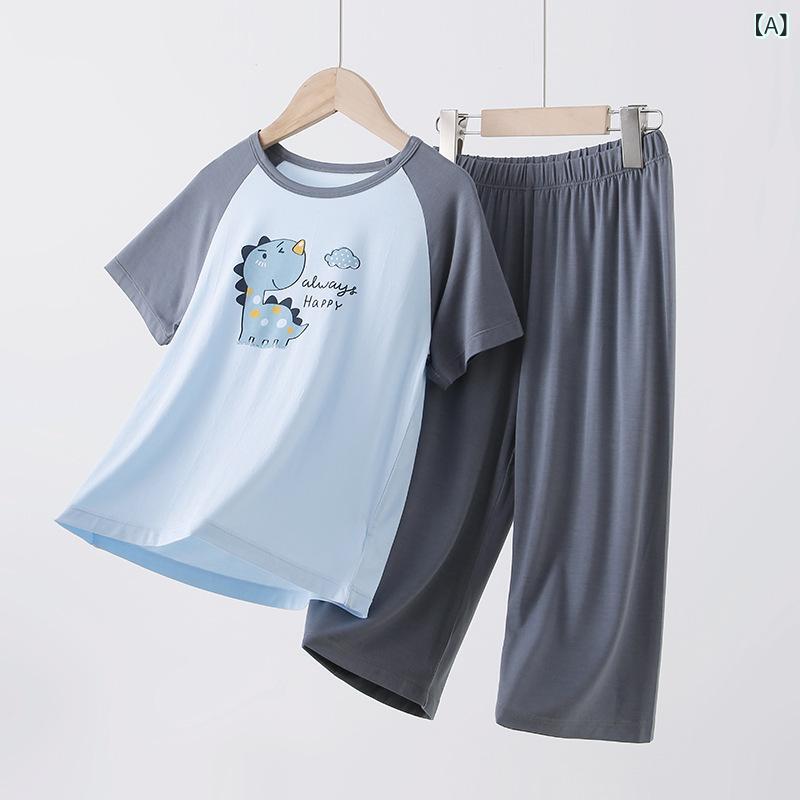 ・安全基準: A類・性別: 男児・カラー展開: テンセルモダール-ダークブルー（半袖）、テンセルモダール-ライトブルー（半袖）、テンセルモダール-ダークブルー（長袖）、テンセルモダール-ライトブルー（長袖）、テンセルモダール-ネイビー（長袖）、テンセルモダール-シーソルトブルー（長袖）、テンセルモダール-ラベンダー（長袖）・対象年齢: 中大童（8歳以上、身長140cm以上）・スタイル: カジュアル・推奨サイズ: 110号（推奨身長100-110cm/体重15-20kg）、120号（推奨身長110-120cm/体重20-25kg）、130号（推奨身長120-130cm/体重25-30kg）、140号（推奨身長130-140cm/体重30-37.5kg）、150号（推奨身長140-150cm/体重37.5-45kg）、160号（推奨身長150-160cm/体重45-52.5kg）、170号（推奨身長160-170cm/体重52.5-60kg）・主な素材: モダール92%、スパンデックス8%・生地の厚さ: 薄手・柄: 動物、キャラクター、プリント・機能: 通気性・加工: 柔軟加工・デザイン要素: セットアップ、キャラクター、プリント・カテゴリ: 子供用ルームウェア