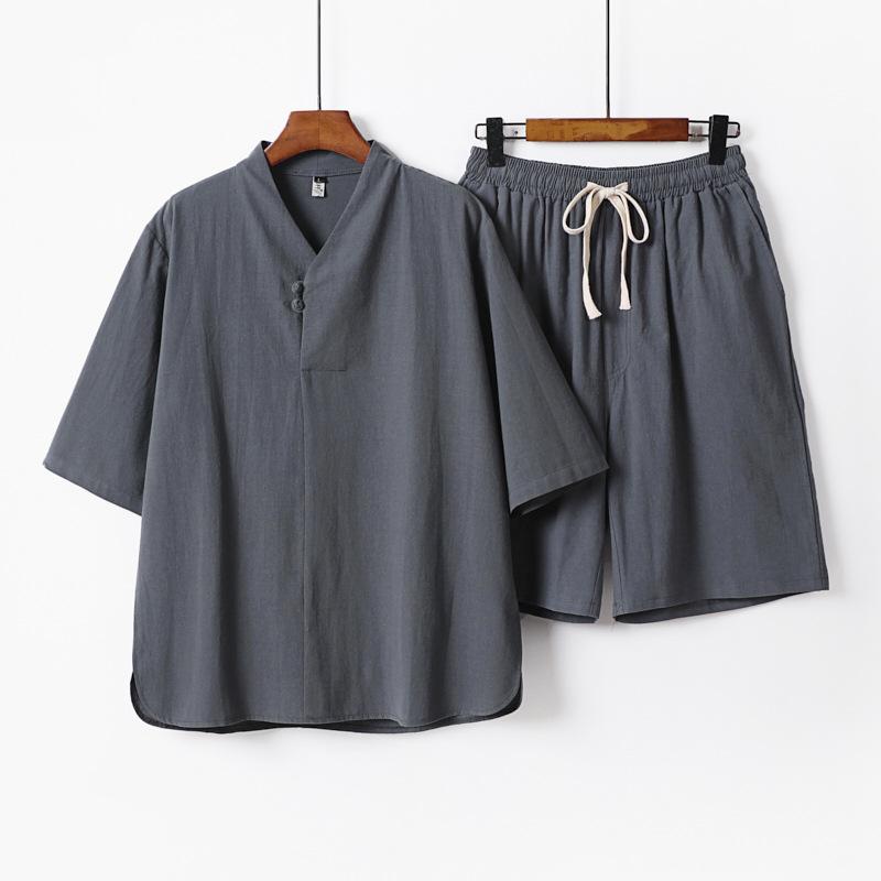 メンズ 上下セット 半袖 綿麻 中国風 漢服 唐装 Tシャツ ハーフパンツ 2点セット 7分袖 5分丈 クルーネック ルーズ カジュアル ゆったり 20代 30代 普段使い お出かけ 夏 コットン リネン 和風 無地 大きいサイズ ホワイト グレー ブラ
