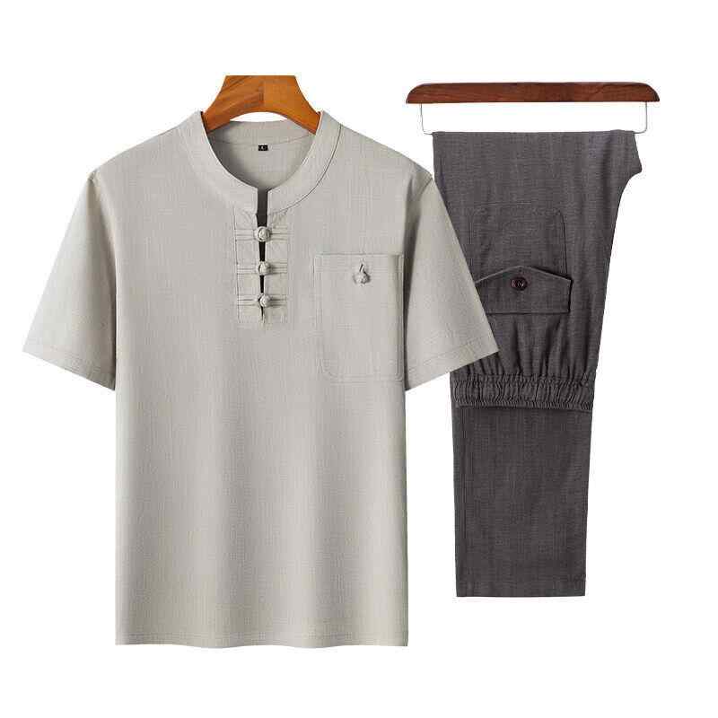 メンズ セットアップ 上下セット 紳士服 シニア 祖父 おじいちゃん 半袖 Tシャツ ロングパンツ 綿麻 亜麻 通気性 軽量 ゆったり 部屋着 ルームウェア 夏 普段使い 旅行 グリーン グレー ネイビー