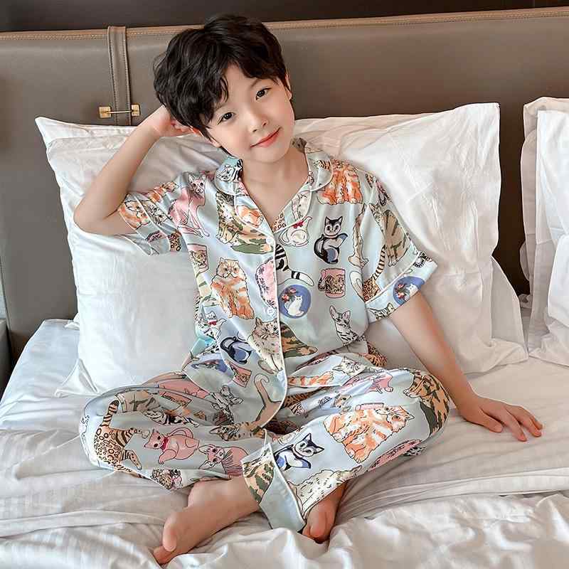 キッズ パジャマ 男の子 ジュニア ルームウェア 接触冷感 半袖 上下セット 三件套 薄手 涼しい ポリエステル ポリエステル混紡 120cm 130cm 140cm 150cm 160cm 170cm 夏 キャラクター 猫 部屋着 寝巻き 子供服 カジ