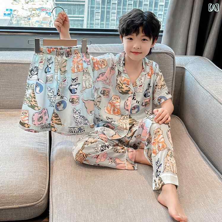 キッズ パジャマ 男の子 ジュニア ルームウェア 接触冷感 半袖 上下セット 三件套 薄手 涼しい ポリエステル ポリエステル混紡 120cm 130cm 140cm 150cm 160cm 170cm 夏 キャラクター 猫 部屋着 寝巻き 子供服 カジ — vista 2
