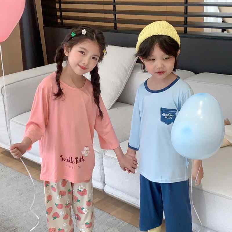 子供 パジャマ 男の子 女の子 薄手 半袖 七分丈パンツ ルームウェア 上下セット テンセル モダール 抗菌 接触冷感 涼しい 柔らかい 夏 かわいい おしゃれ キッズ ジュニア ベビー 部屋着 保育園 幼稚園 小学生 ライトブルー ライトグリーン ダー