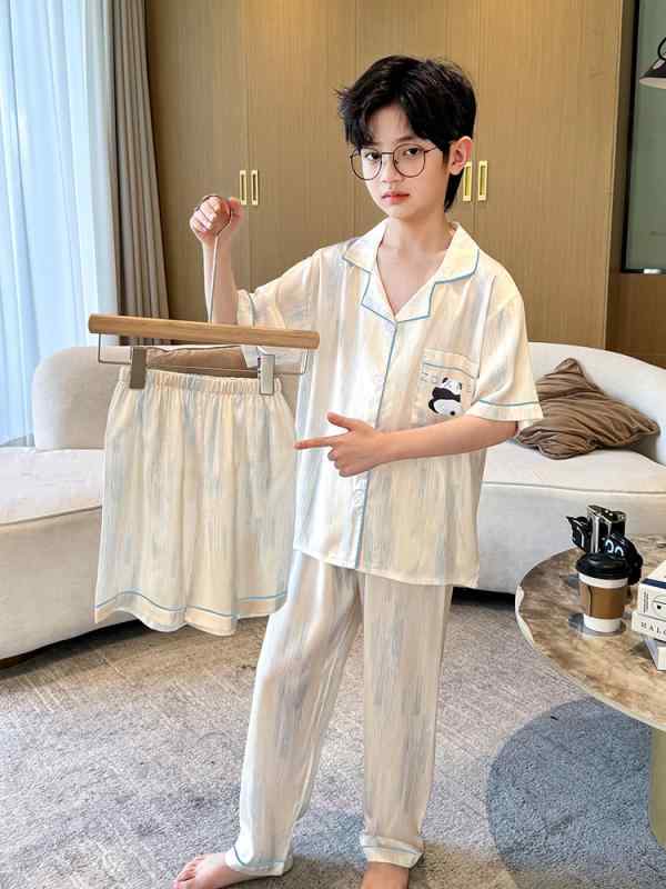 パジャマ キッズ 男の子 ルームウェア 3点セット 接触冷感 半袖 ショートパンツ 長袖 サテン セットアップ 夏 薄手 涼しい 動物 パンダ クマ キャラクター 子供 ジュニア 通気性 かわいい おしゃれ 旅行 お泊り会 部屋着