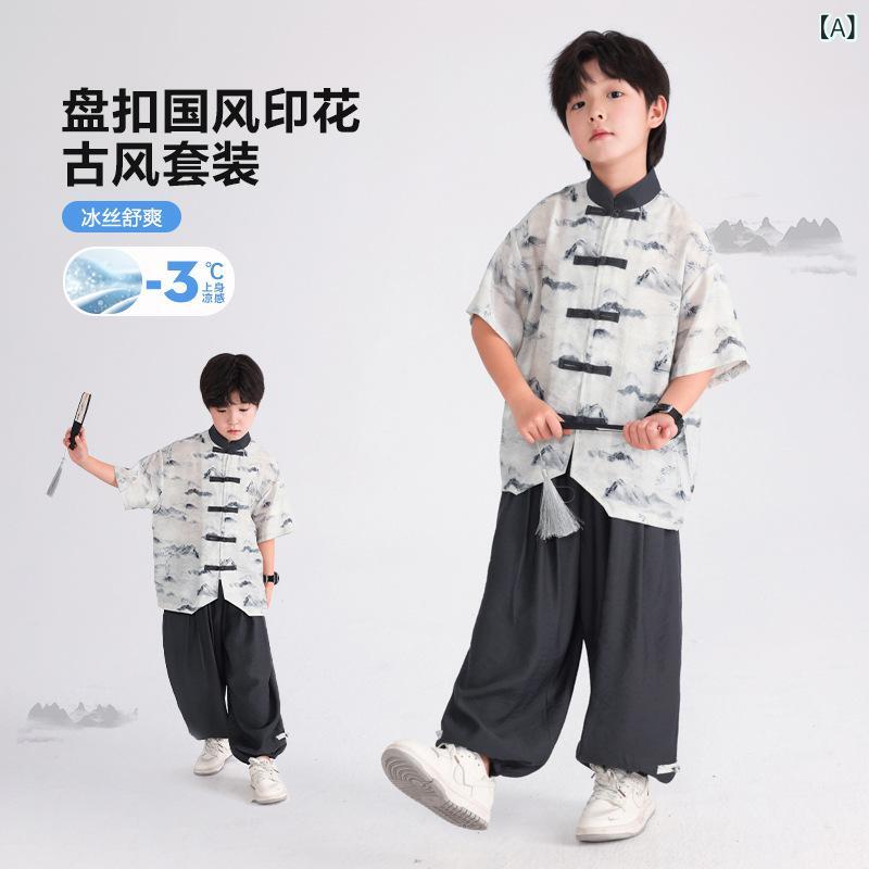 セットアップ 男の子 キッズ ジュニア 半袖 接触冷感 チャイナ風 シャツ ハーフパンツ 上下セット 唐装 漢服 トップス ボトムス 子供服 男児 普段使い お出かけ 発表会 イベント 衣装 涼しい ネイビー 110cm 120cm 130cm 夏