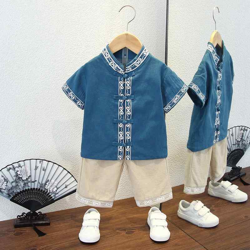・柄: 抽象・スタイル: 中式、唐装・生地加工: 柔軟処理・要素: セットアップ・主な素材: 綿100%・生地名: 綿・厚さ: 薄手・カラー展開: 云朵套装藍色、云朵套装红色、祥云刺绣套装红色、祥云刺绣套装藍色、山水套装豆绿色、山水套装藍色、灯笼套装豆绿色、灯笼套装红色、不对称套装豆绿色、中国套装藍色、中国套装红色、桃花套装豆绿色、桃花套装藏青色、龙飞凤舞套装红色、龙飞凤舞套装藍色、好学套装豆绿色、好学套装粉色・対象性別: ユニセックス・サイズ展開: 90、100、110、120、130、140・対象年齢: 中小童（3〜8歳、100〜140cm）・カテゴリ: 子供用チーパオ、唐装、民族衣装