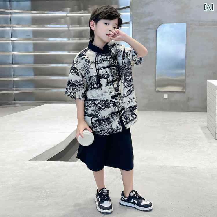 唐装 男の子 夏物 セットアップ 半袖 シャツ 半ズボン 2点セット コットン サテン チャイナ風 伝統 民族衣装 レトロ キッズ ジュニア 120 130 140 150 160 170 夏 薄手 通気性 涼しい お祭り 発表会 旅行