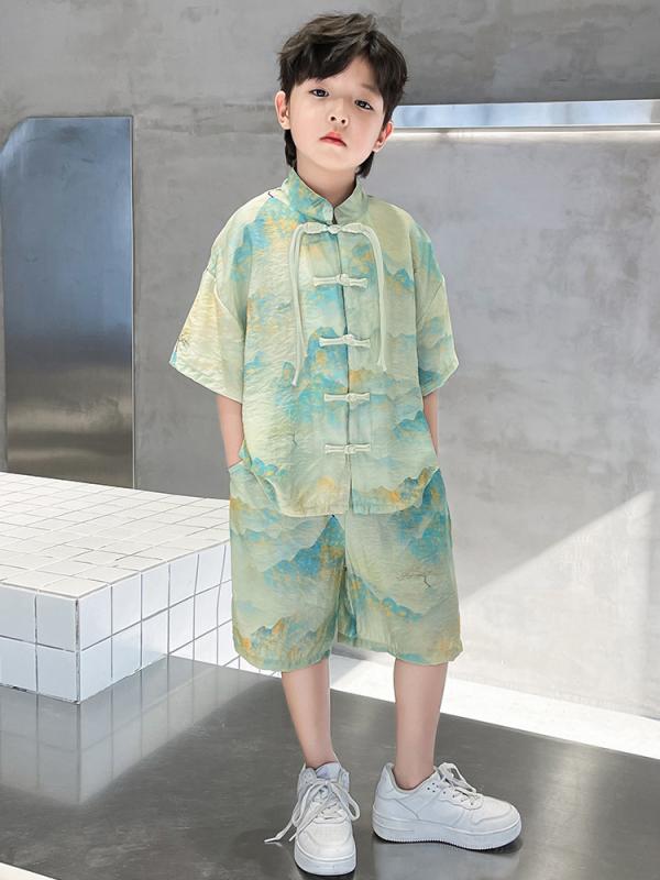 子供服 セットアップ 男の子 キッズ ハーフパンツ 2点セット 半袖 チャイナドレス風 古装 漢服 トップス ボトムス ショートパンツ 普段使い 通園 通学 旅行 お出かけ イベント 100 110 120 130 140 150 160 夏