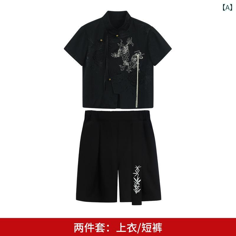 ・対象性別: 男・スタイル: 中国風・セットタイプ: パンツセット・セット点数: 2点セット・セット内容: 服装・対象年齢: 中小童（3〜8歳、100〜140cm）・袖丈: ノースリーブ・フード: なし・パンツ丈: ショートパンツ・生地加工: 柔軟処理・生地の厚さ: 薄手・素材: 化学繊維混紡・主な素材: ポリエステル96%・安全基準: B類・カラー展開: 黒色麒麟短袖+黒色飘带短裤、浅藍麒麟短袖+黒色飘带短裤、黒色麒麟背心+黒色飘带短裤、浅藍麒麟背心+黒色飘带短裤、黒色麒麟短袖、浅藍麒麟短袖、黒色麒麟背心、浅藍麒麟背心、黒色飘带短裤、黒色麒麟短袖+黒色长裤、浅藍麒麟短袖+黒色长裤・サイズ展開: 90cm（推奨体重10-13kg）、100cm（推奨体重13-15kg）、110cm（推奨体重15-19kg）、120cm（推奨体重19-22.5kg）、130cm（推奨体重22.5-27kg）、140cm（推奨体重27.5-33.5kg）、150cm（推奨体重34-39.5kg）、160cm（推奨体重40-45.5kg）・カテゴリ: キッズセットアップ