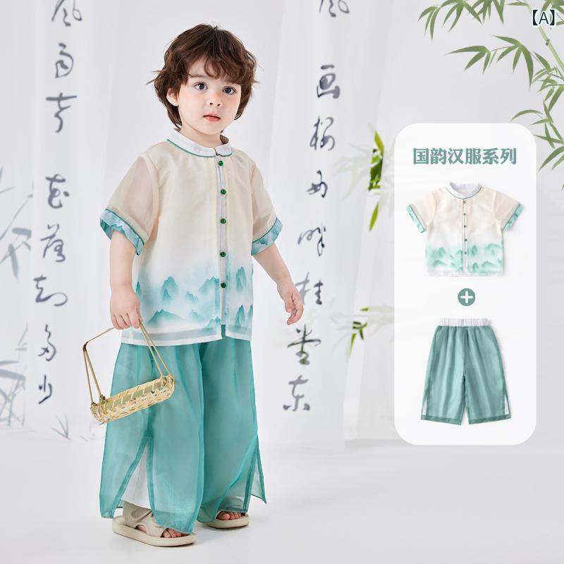 セットアップ 漢服 男の子 女の子 キッズ 子供服 チャイナ風 上下セット 2点セット トップス パンツ 半袖 薄手 涼しい ポリエステル アイボリー グリーン ピンク 夏 お出かけ 通園 普段使い ルームウェア かわいい