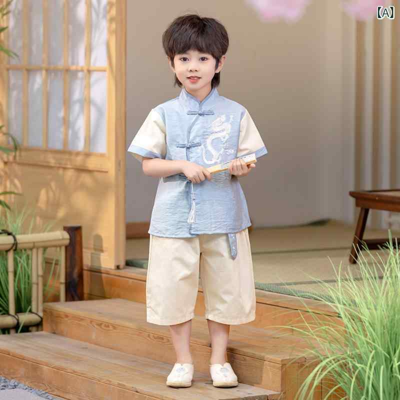 ・カテゴリ: 子供用唐装・漢服・スタイル: 中華風・柄: 花柄・生地加工: 柔軟処理・デザイン要素: セットアップ、プリント・安全基準: B類・対象性別: ユニセックス・糸くず処理: 全てカット済み・生地素材: 綿混紡・主な素材: ポリエステル100%・生地の厚さ: 薄手・カラー展開: 男の子用セット、女の子用セット・サイズ展開: 90cm、100cm、110cm、120cm、130cm、140cm、150cm、160cm、170cm、180cm・対象年齢: 中小童（3～8歳、100～140cm）・着用シーン: 通学、ギフト、日常着、幼稚園、クラス服、旅行、お出かけ