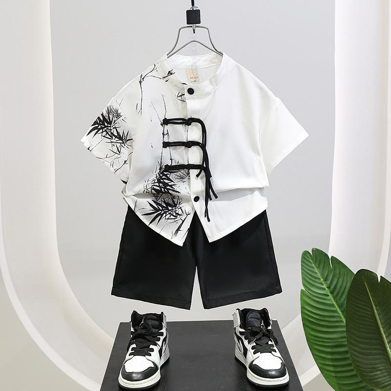 男の子 セットアップ 夏 漢服 キッズ チャイナ風 子供服 唐装 半袖 シャツ ハーフパンツ 2点セット ポリエステル 接触冷感 薄手 涼しい 動物柄 上下セット カジュアル お出かけ 旅行 ルームウェア ホワイト 90 100 110