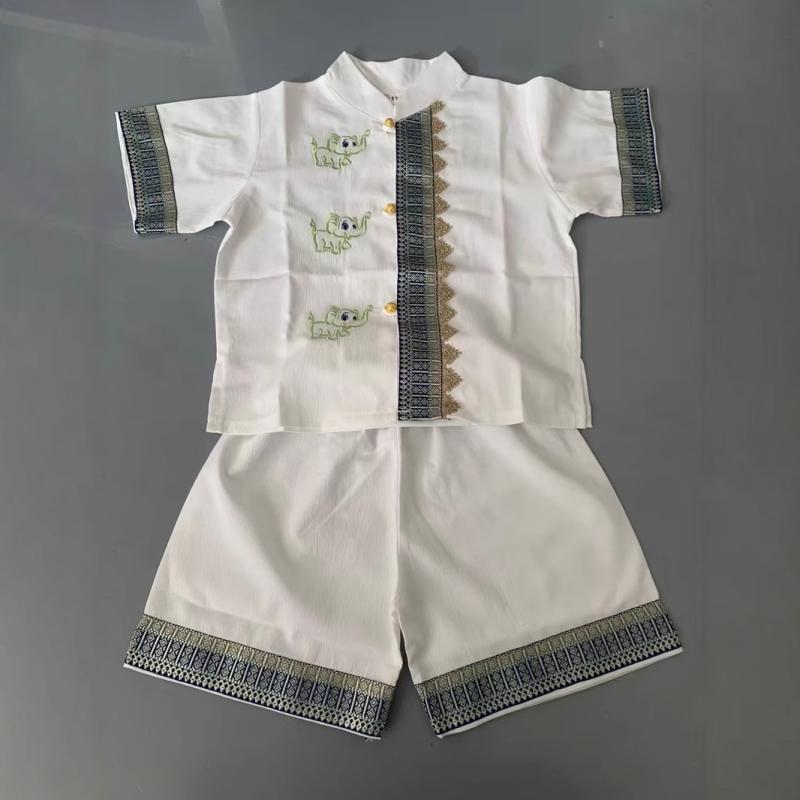 漢服 子供 男の子 女の子 セットアップ 唐装 チャイナ風 半袖 ハーフパンツ 上下セット 民族衣装 薄手 涼しい 快適 綿 アイボリー ホワイト 通園 通学 旅行 発表会 イベント お出かけ 春 夏
