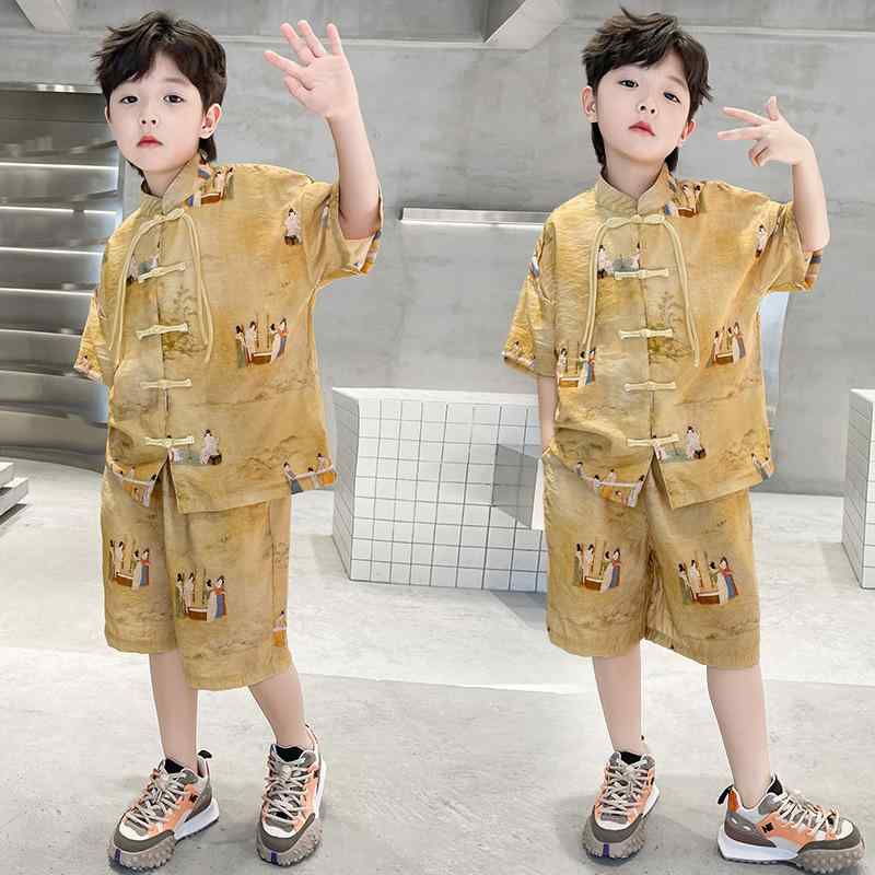 男の子 セットアップ 唐装 漢服 キッズ 子供服 チャイナ風 上下セット 半袖 トップス ハーフパンツ 綿 薄手 柔らかい 快適 カジュアル お出かけ 夏 通園 通学 100 110 120 130 140 150