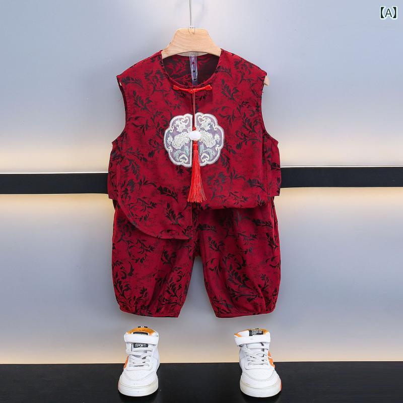 ・カテゴリ: キッズスーツ、キッズセットアップ・対象性別: 男女兼用・スタイル: 中国風・セット内容: トップス、パンツ（2点セット）・対象年齢: 中小童（3〜8歳、100〜140cm）・袖丈: ノースリーブ・パンツ丈: 五分丈・生地特徴: ソフト加工、薄手・デザイン: セットアップ、プリント・主な素材: 綿100%・安全基準: B類・留め具の種類: プルオーバー・カラー: レッド・対応身長: 80cm、90cm、100cm、110cm、120cm、130cm、140cm・着用シーン: 通学、ギフト、デイリー、お出かけ