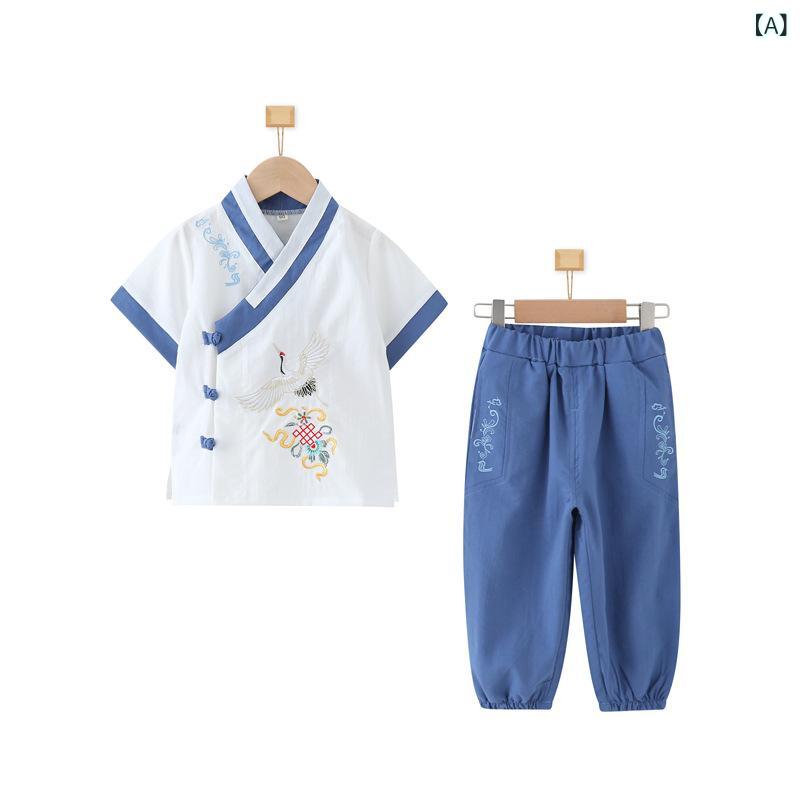キッズ 唐装 男の子 半袖 鶴 刺繍 中華風 ハーフパンツ 上下セット セットアップ 綿混 素材 柔らかい 薄手 夏 お出かけ 幼稚園 普段使い ブルー グリーン 90cm 100cm 110cm 130cm 140cm チャイナ服 漢服 こども服