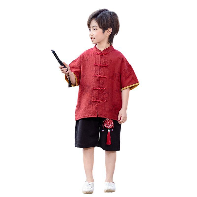 子供服 汉服 男の子 女の子 上下セット 半袖 唐装 中華風 国風 薄手 涼しい ポリエステル ポリエステル混紡 快適 柔らかい お出かけ 旅行 普段使い 1歳 誕生日 記念撮影 発表会 90cm 100cm 夏物 110cm 120cm 夏