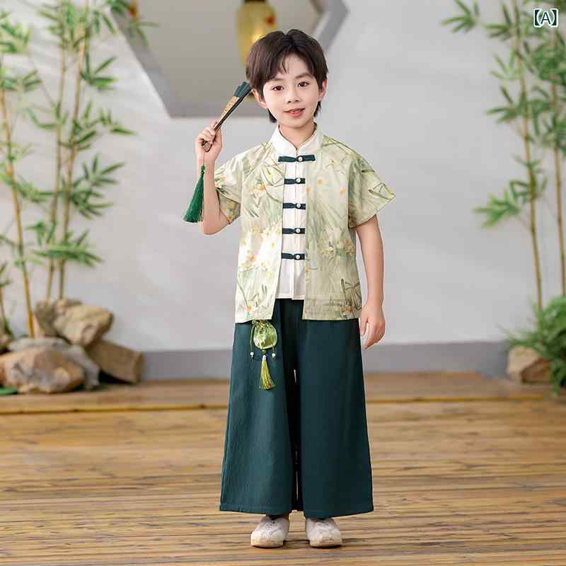 男の子 女の子 キッズ 唐装 半袖 セットアップ 夏 子供 漢服 中華風 中国風 綿 上下セット 和服 チャイナドレス 甚平風 浴衣風 カジュアル ルームウェア イベント 発表会 お祭り 衣装 普段着 旅行 ベージュ