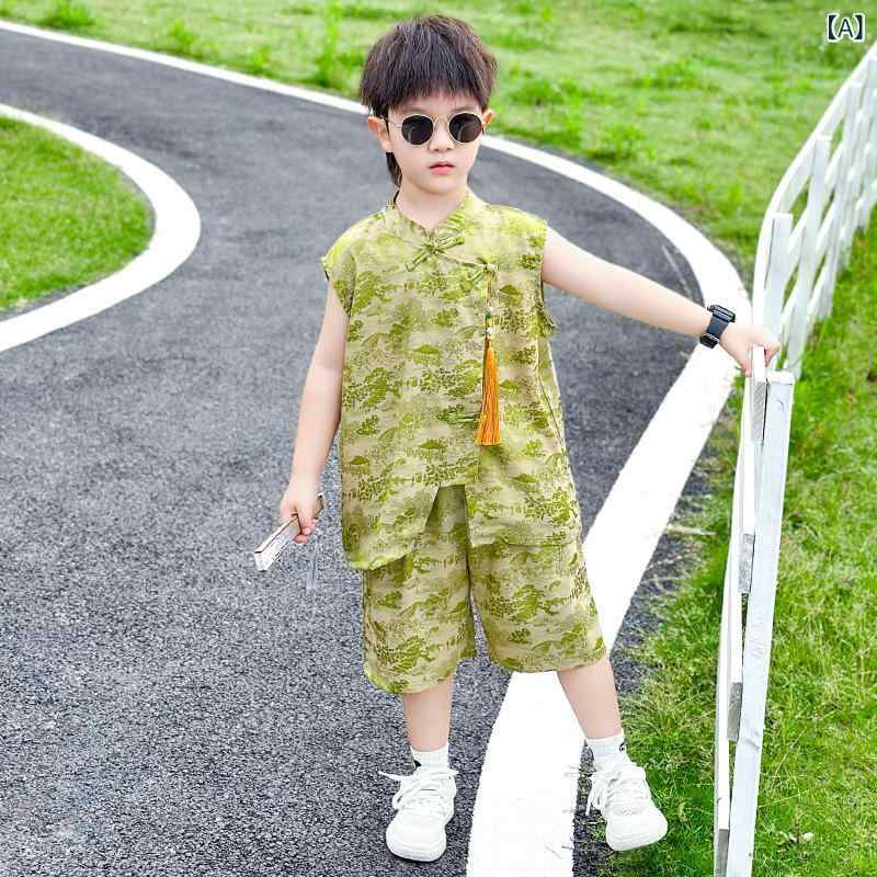 キッズ セットアップ 男の子 子供服 夏 ノースリーブ 半袖 トップス ハーフパンツ 短パン 上下セット チャイナ風 涼しい 薄手 動きやすい 緑 90 100 110 120 130 140 150 普段着 通園 通学 旅行