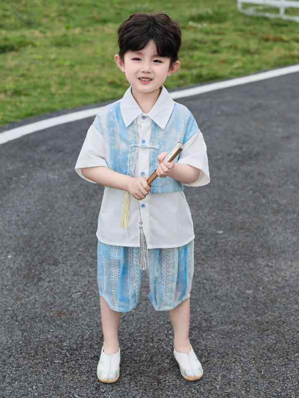 子供服 セットアップ 男の子 女の子 キッズ 夏 半袖 ハーフパンツ 上下セット チャイナ風 漢服 古風 中華風 おしゃれ かっこいい 涼しい 柔らかい 快適 プリント 和柄 ブルー 90 100 110 120 130 140 150 通学 お出かけ