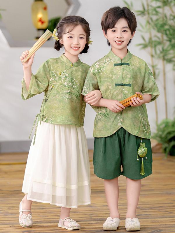 子供服 漢服 男の子 女の子 キッズ 唐装 中式 チャイナ風 セットアップ 半袖 トッ...
