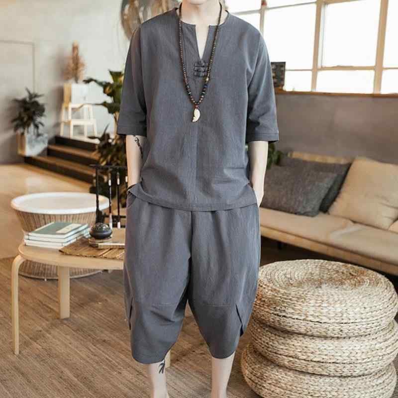 セットアップ メンズ 10代 カジュアル スーツ 漢服 唐装 チャイナ風 禅服 綿麻 7分丈 パンツ Tシャツ 短袖 丸首 ゆったり 通気性 夏 黒 白 グレー 旅行 スポーツ